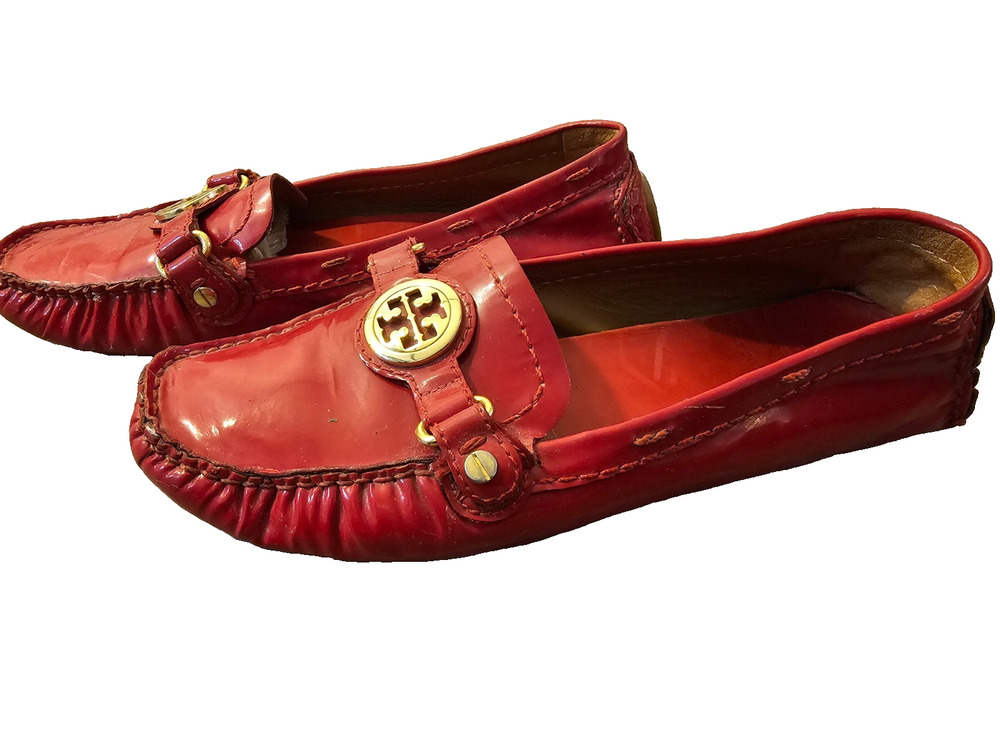 Tory Burch Womens Red Crinkled Patent Leather Driving Loafers Moccasins Size 7M